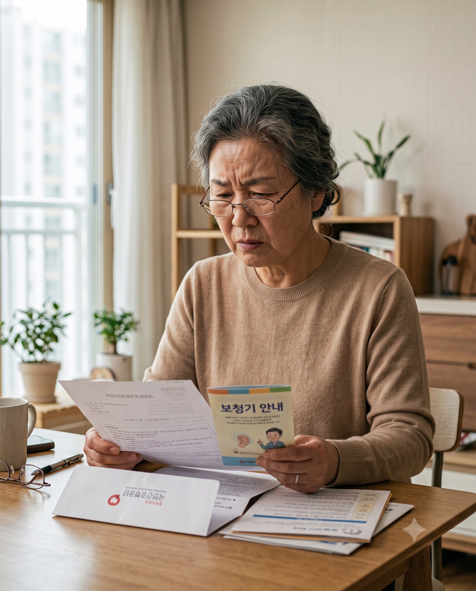 집에서 국민건강보험공단 안내문과 보청기 안내 책자를 살펴보는 노년 여성 — 보청기 급여 신청 서류를 확인하는 장면