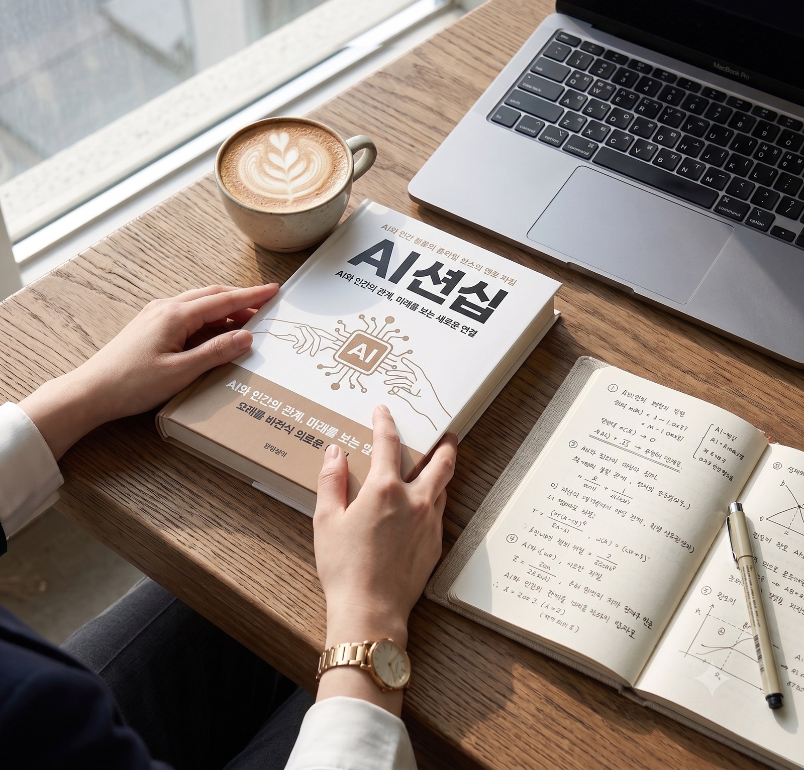 노트북 옆에서 김수민 작가의 책 『AI션십 — AI와 인간의 관계, 미래를 보는 새로운 연결』을 펼쳐 든 손과 필기 노트 — AI 시대 관계 자본을 공부하는 장면