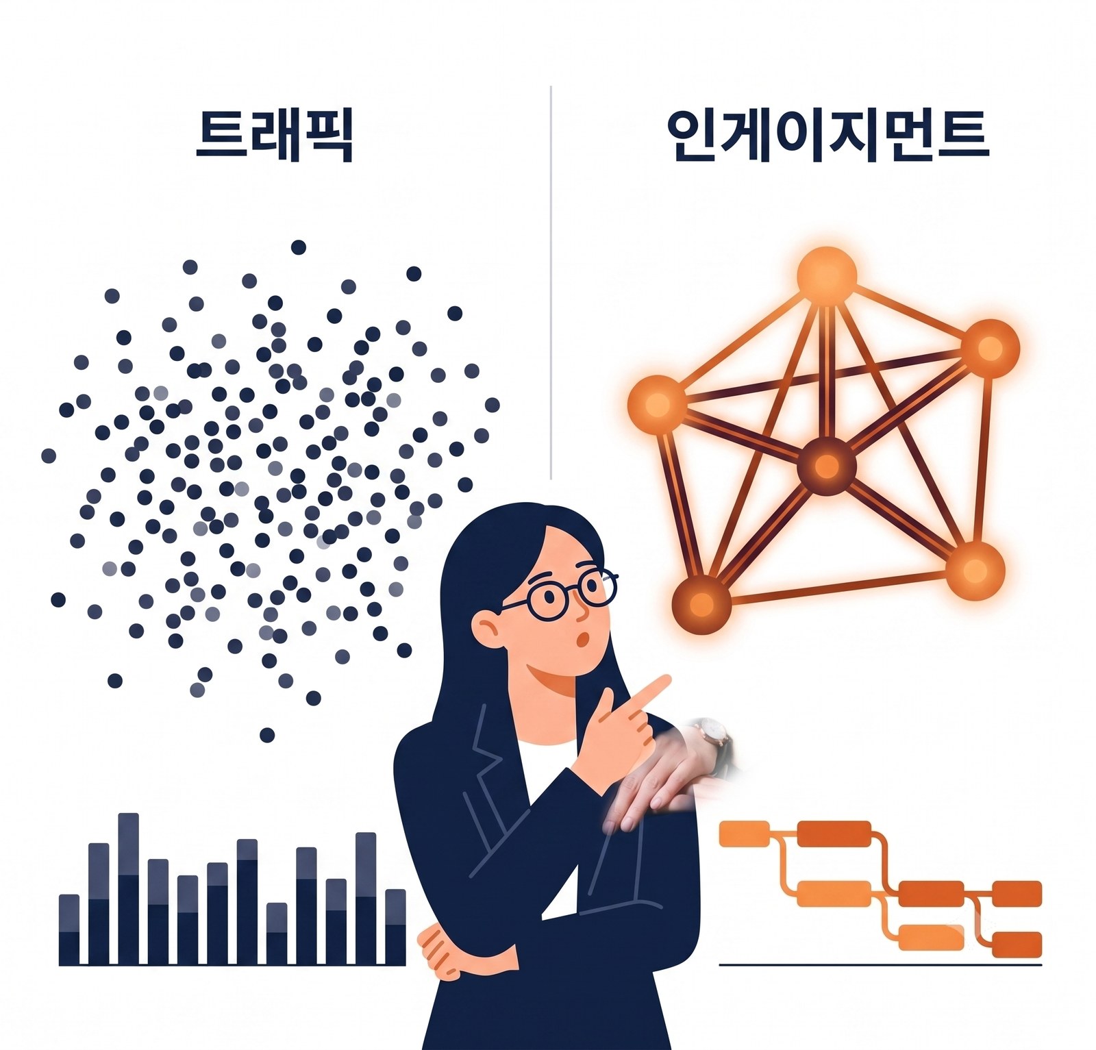 트래픽과 인게이지먼트를 비교하는 일러스트 — 흩어진 점들(트래픽)과 촘촘히 연결된 네트워크(인게이지먼트)를 두고 생각하는 사람