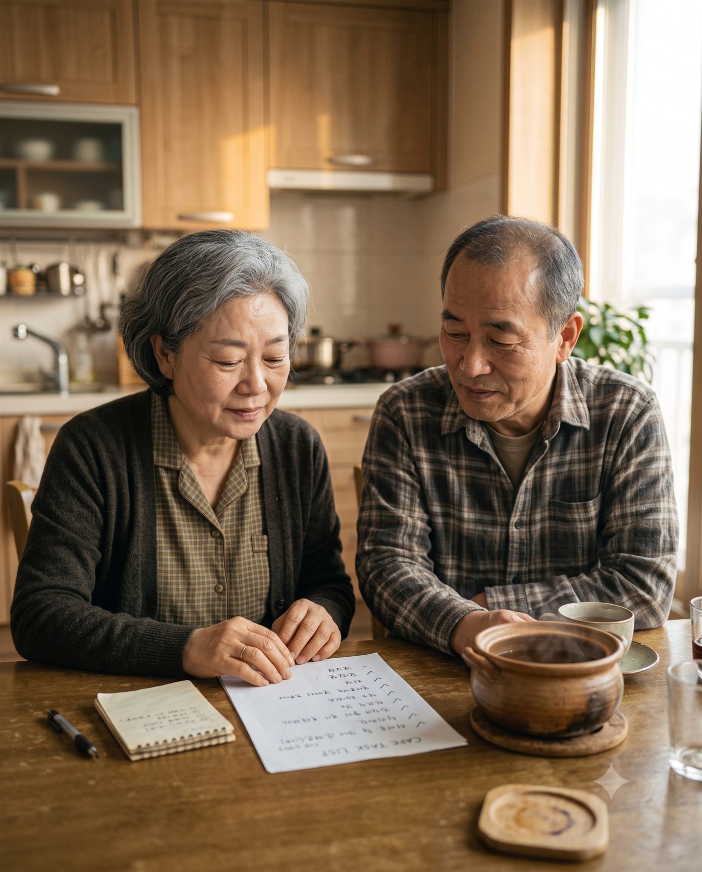 부부가 식탁에 마주 앉아 손으로 적은 돌봄 할 일 목록을 함께 들여다보는 모습, 옆에는 메모지와 펜 — 돌봄을 눈에 보이게 적어 가족과 분담하는 장면