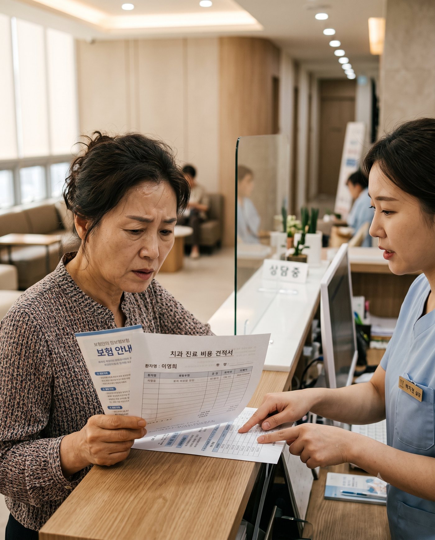 치과 접수처에서 진료비 견적서와 건강보험 안내문을 함께 확인하는 보호자와 설명하는 직원