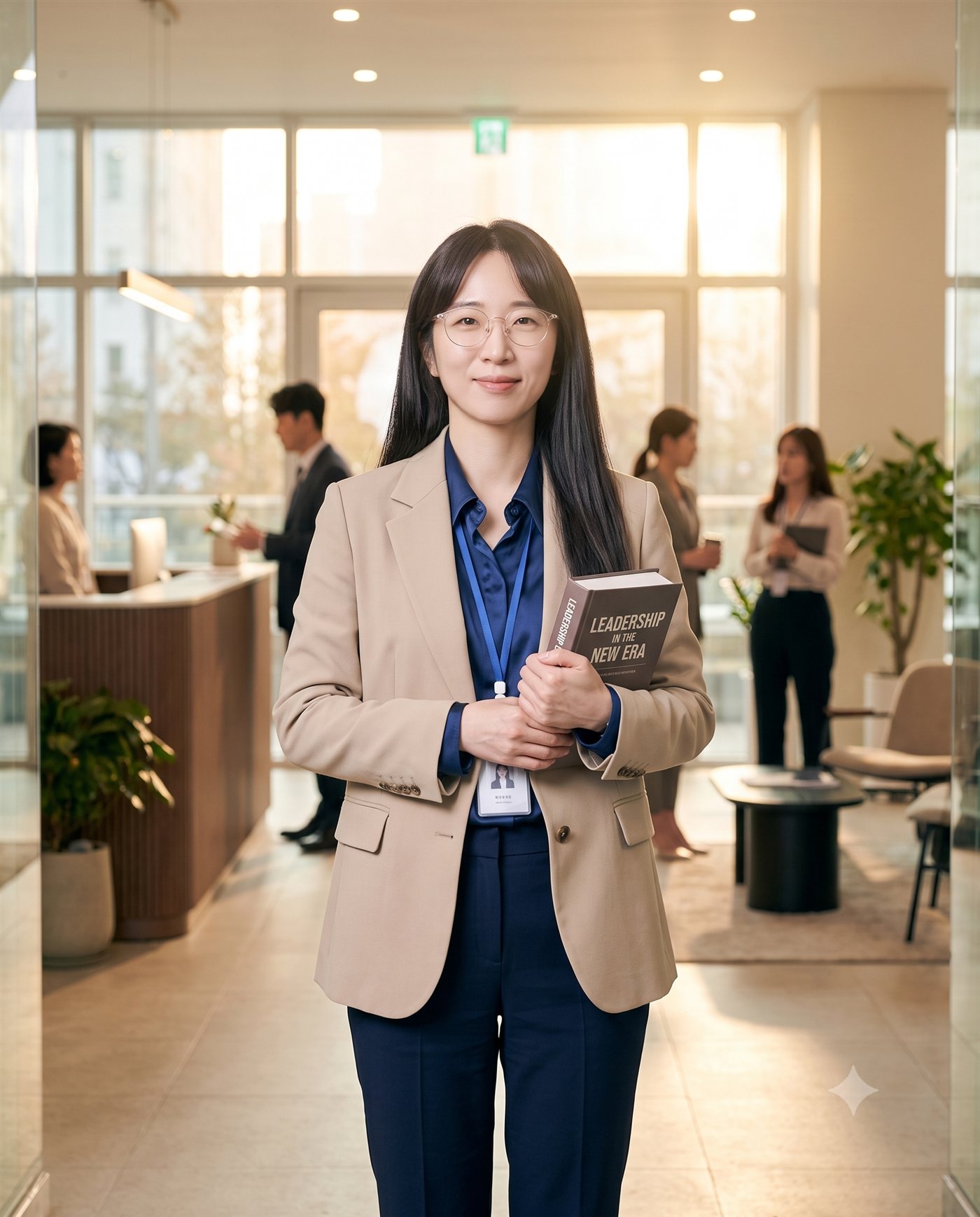 패스트파이브 입사 첫날, 리더십 책을 안고 오피스 로비에 선 모습