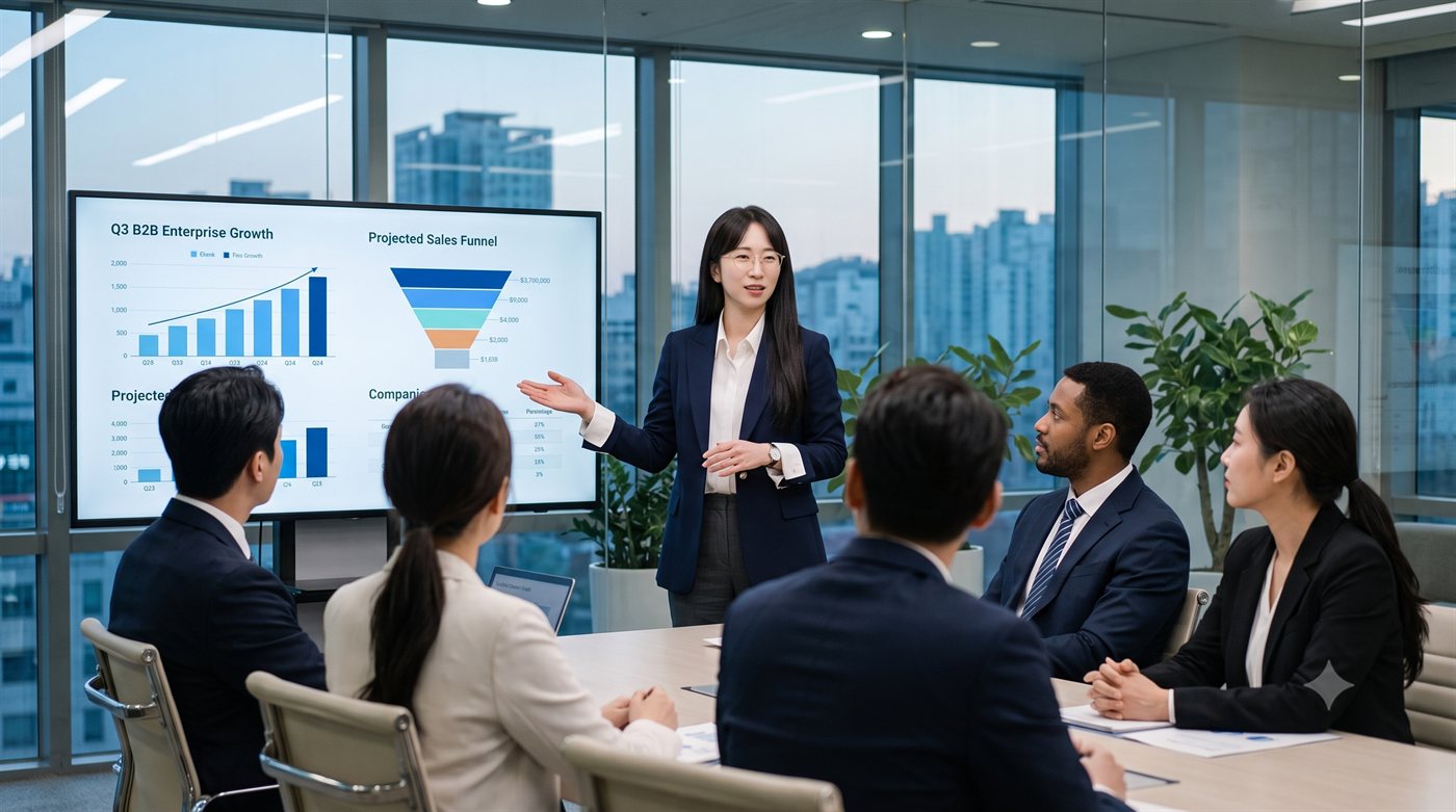엔터프라이즈 B2B 세일즈 미팅에서 성장 차트를 발표하는 우팀장