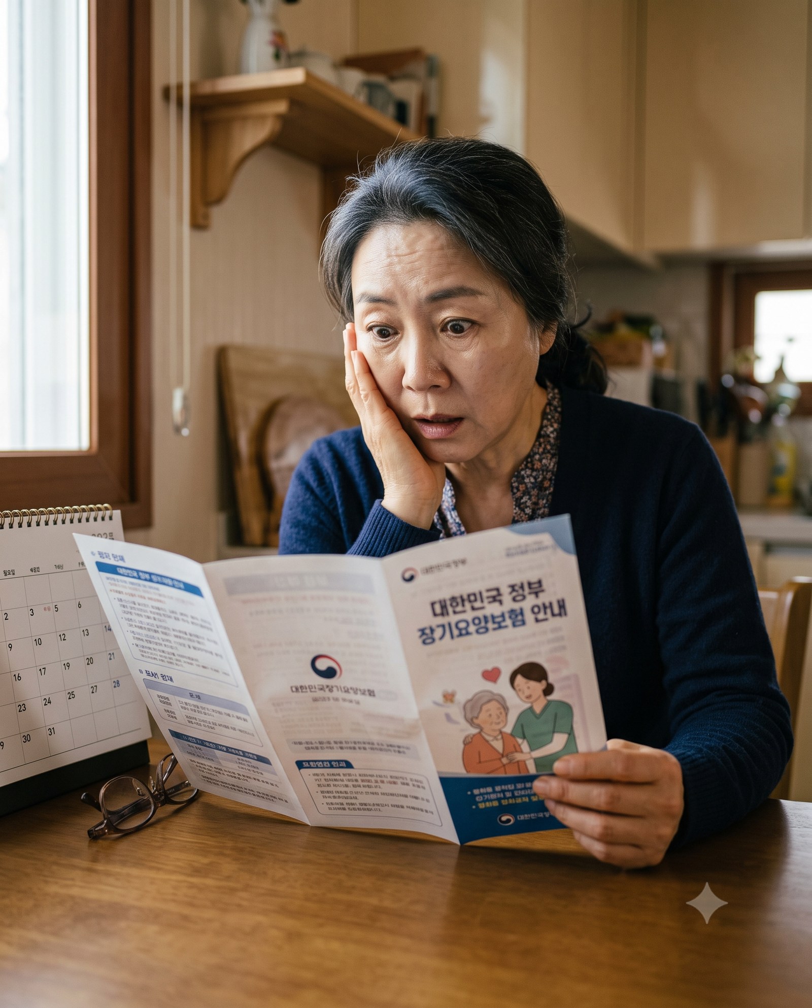 식탁에서 '대한민국 정부 장기요양보험 안내' 브로슈어를 펼쳐 보며 놀란 표정의 중년 여성, 옆에는 달력과 돋보기 — 몰랐던 장기요양 가족휴가제 제도를 확인하는 장면