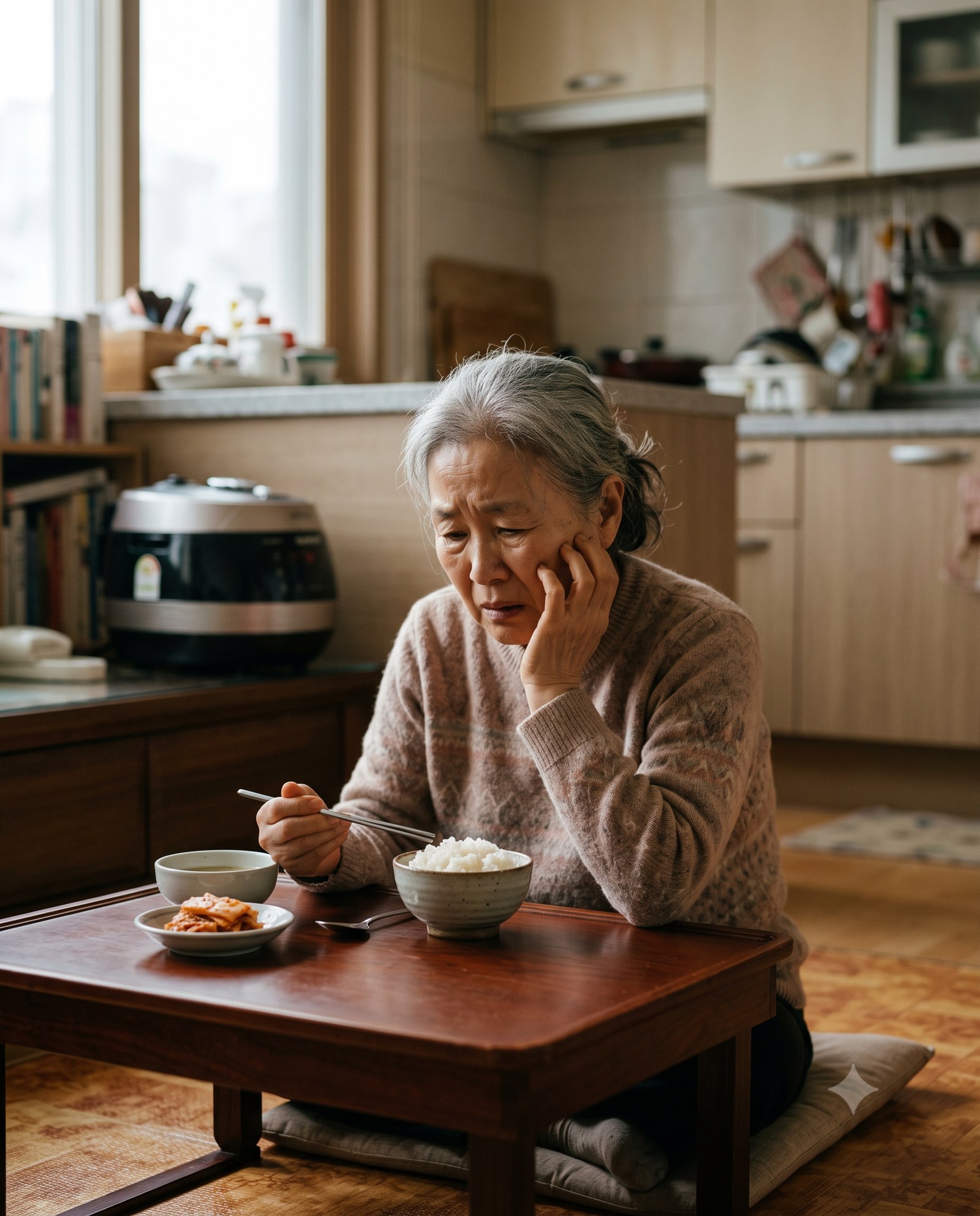 좌식 밥상에서 밥과 김치를 앞에 두고 볼을 감싸며 잘 씹지 못해 힘들어하는 노년 여성 — 치아 문제로 식사가 어려운 모습