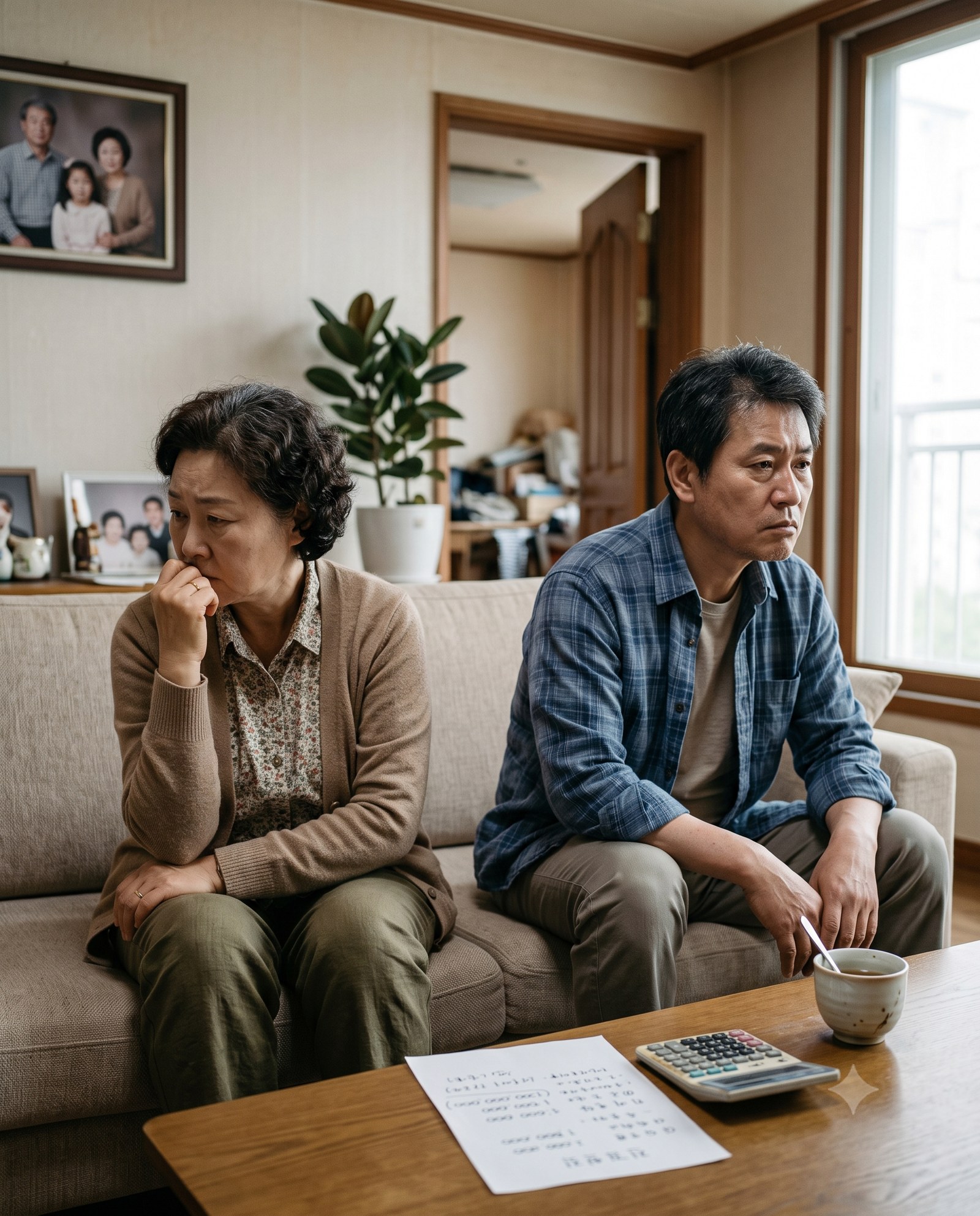 거실 소파에 서로 등지듯 떨어져 앉아 굳은 표정으로 있는 중년 부부, 탁자에는 계산기와 금액이 적힌 종이 — 부모님 간병비 분담을 두고 생긴 형제·가족 갈등