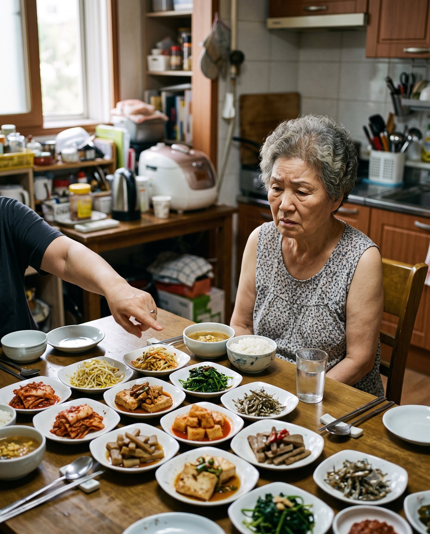 반찬을 가득 차린 상 앞에서 어서 드시라고 재촉하듯 음식을 가리키는 보호자와 부담스러워하는 어머니