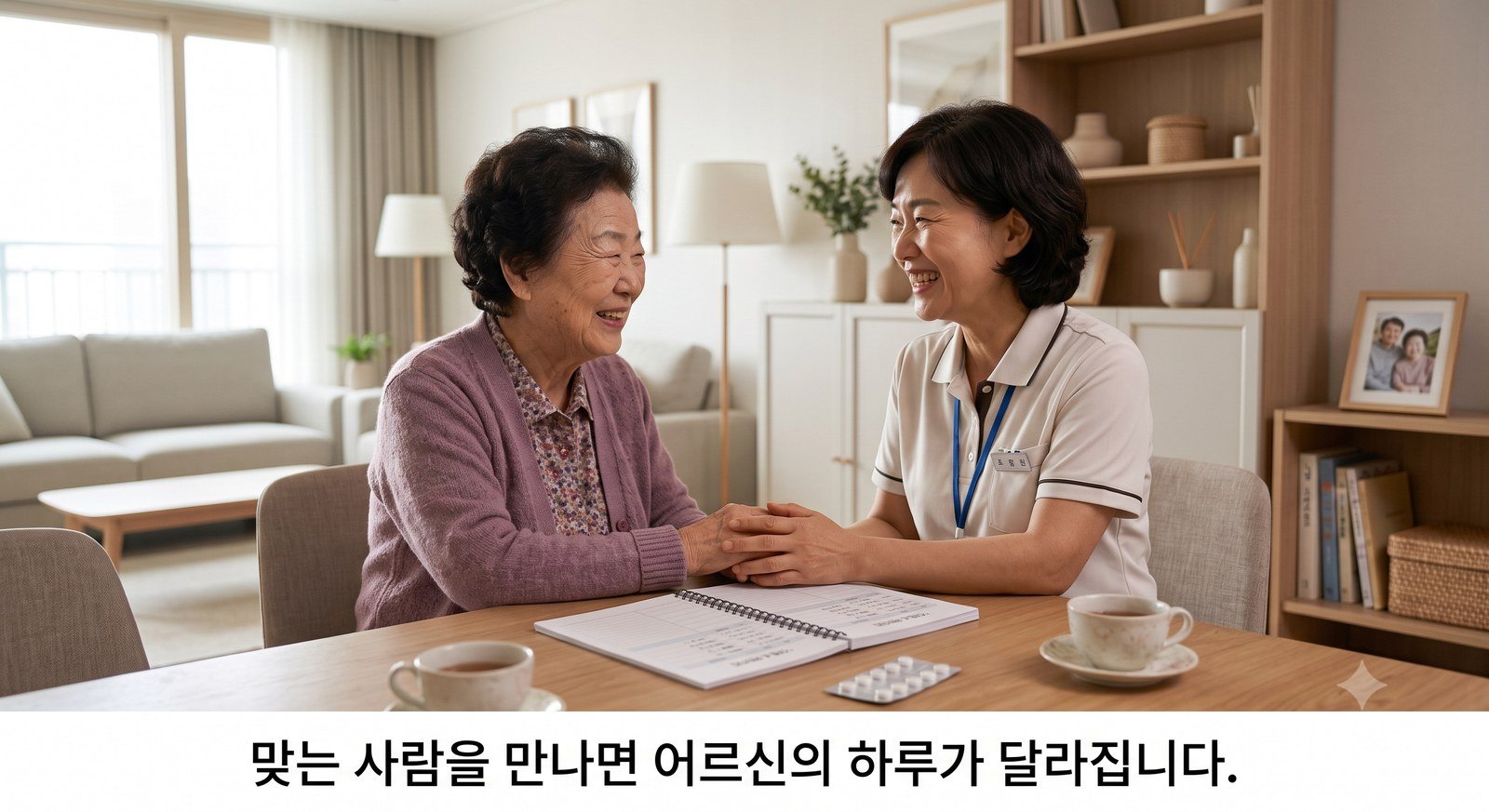 거실에서 새로 온 요양보호사와 노인 어머니가 손을 맞잡고 웃으며 인사를 나누는 모습 — 맞는 사람을 만나면 어르신의 하루가 달라집니다