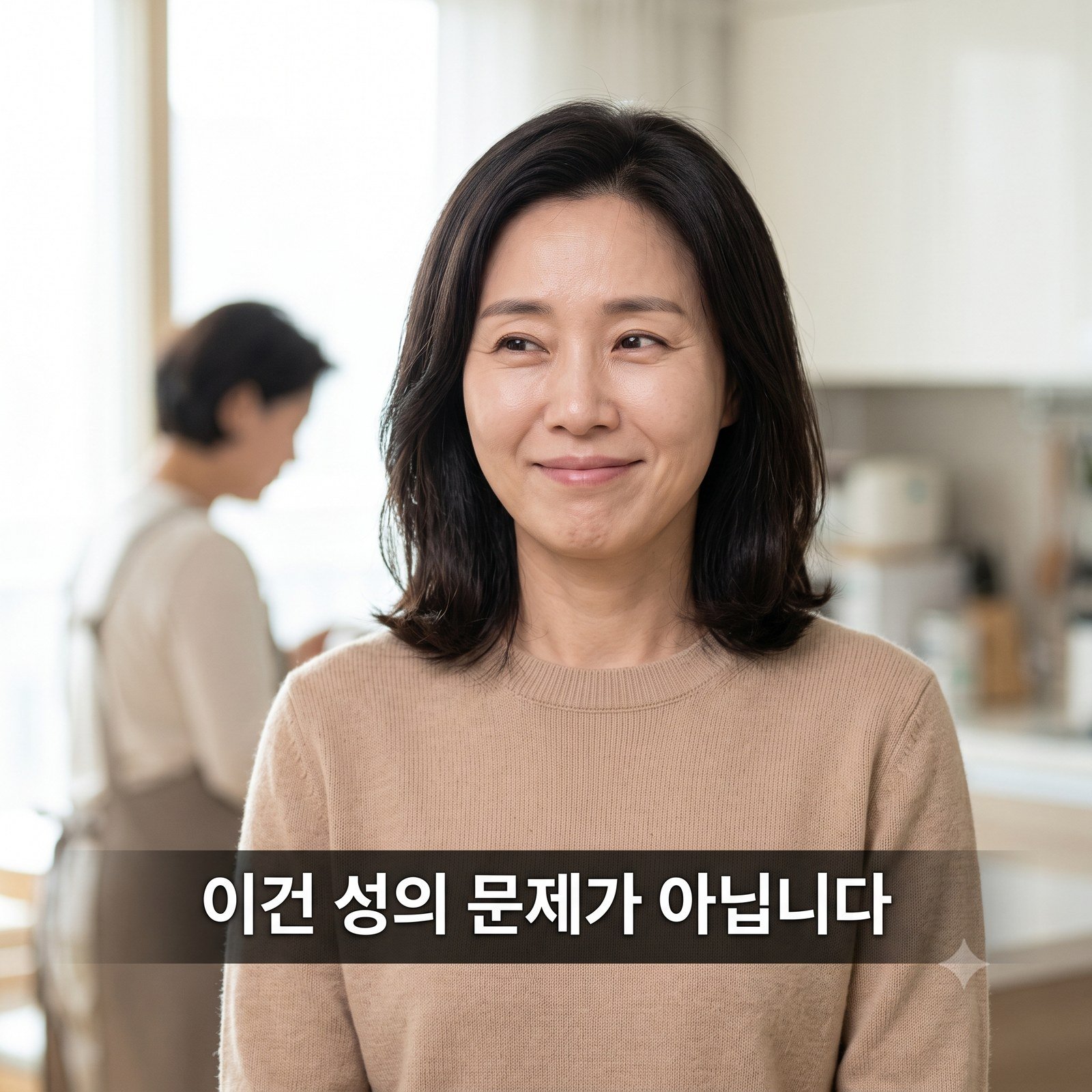 집에서 요양보호사에게 무언가를 부탁하려다 서로 난감해하며 마주 서 있는 보호자와 요양보호사