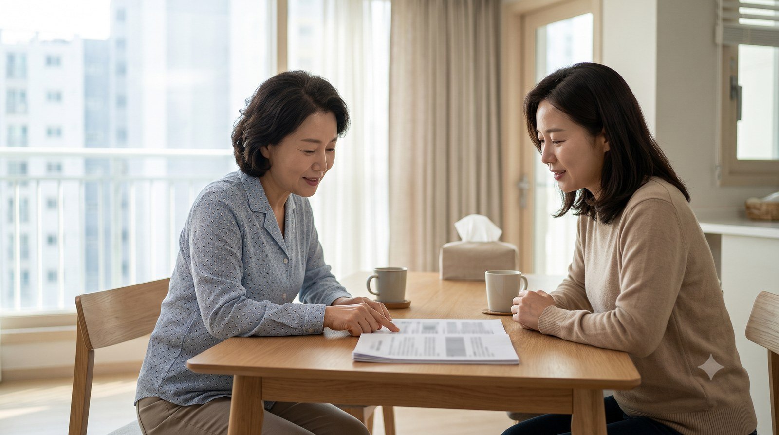 거실 식탁에서 요양보호사와 보호자가 서류를 함께 보며 차분하게 서비스 내용을 상의하는 모습