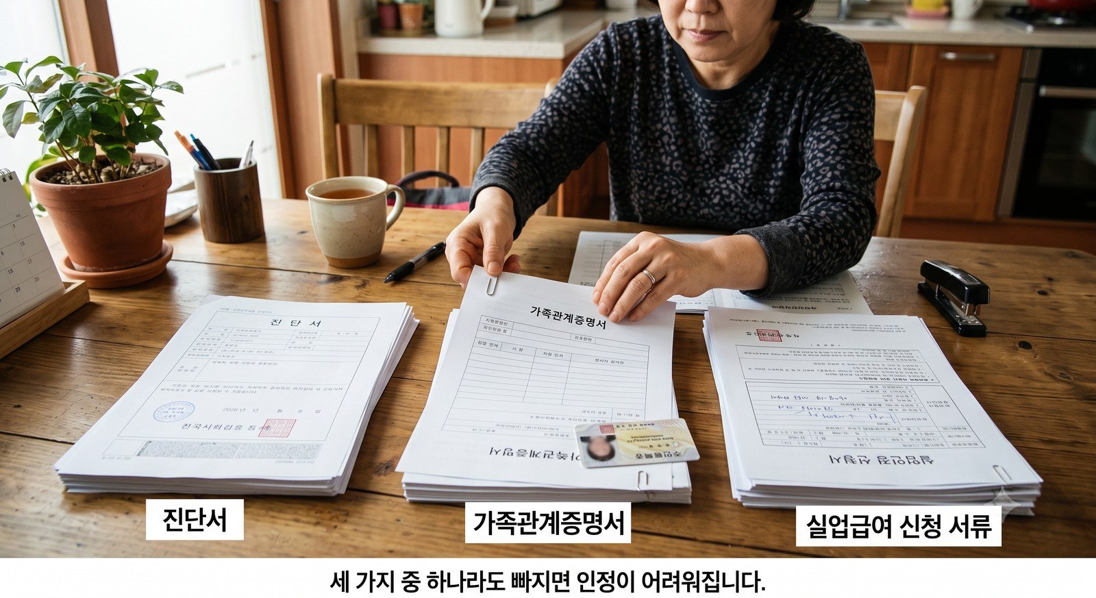 식탁에서 진단서·가족관계증명서·실업급여 신청 서류를 세 무더기로 나눠 정리하는 중년 여성 — 세 가지 중 하나라도 빠지면 인정이 어려워집니다