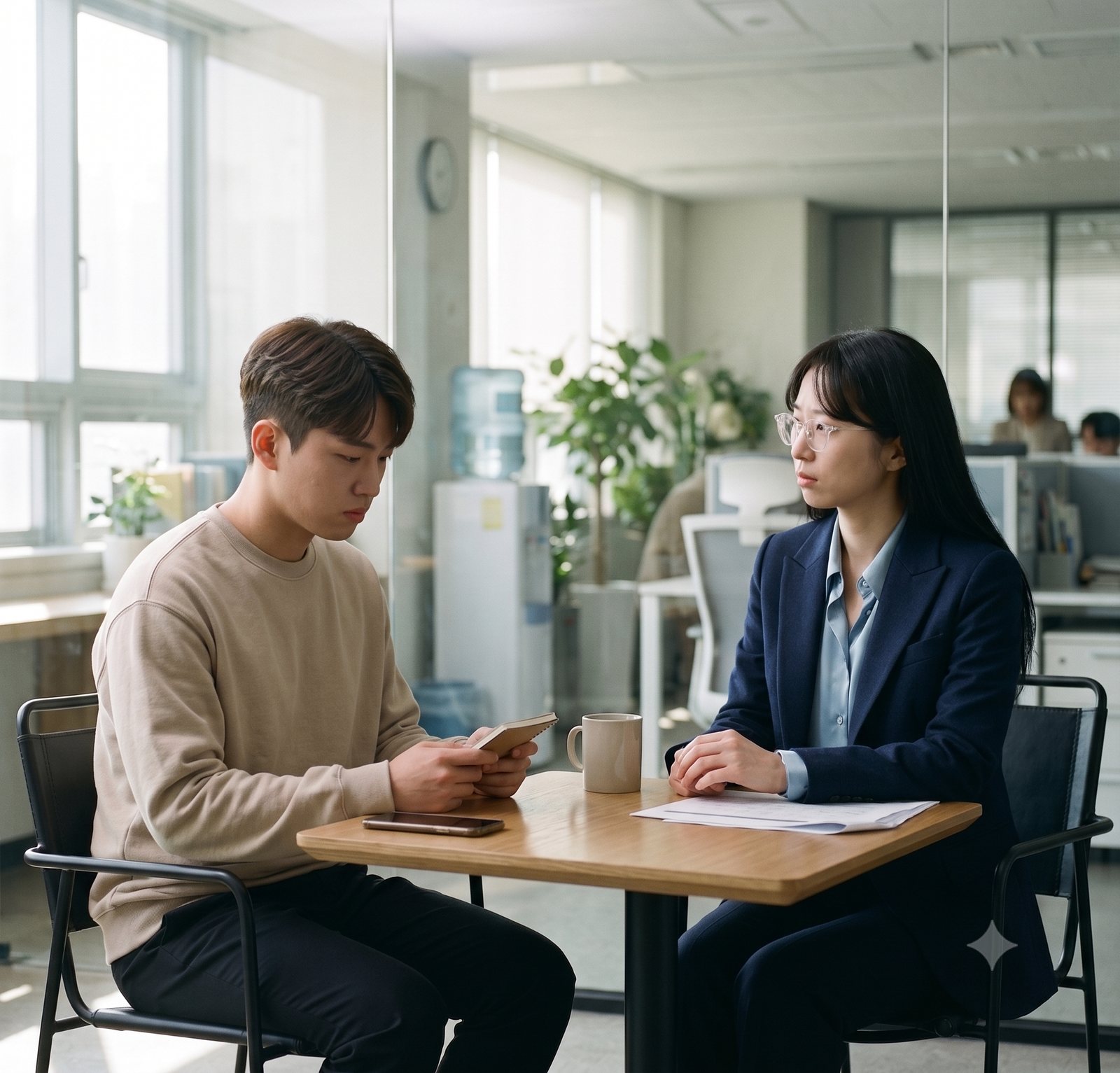 사무실에서 고개를 숙인 신입 팀원과 마주 앉아 조용히 바라보는 여성 팀장