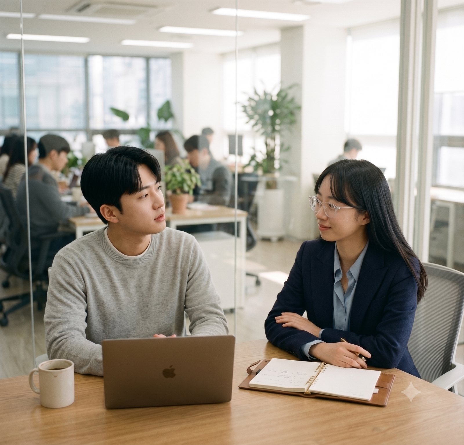 밝은 사무실에서 팀원의 이야기를 노트를 펼쳐두고 경청하는 여성 리더