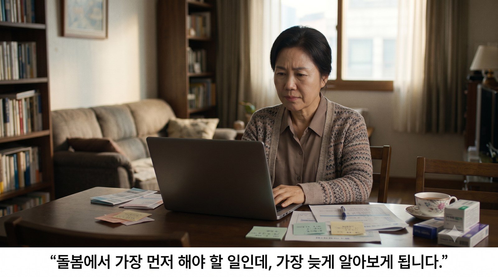 거실에서 공단 조사원이 노인 어머니와 이야기하는 동안 옆에서 돌봄 일지를 펼쳐 보이는 성인 자녀 — 조사 당일이 좋은 날일 수 있어 나쁜 날의 기록이 필요합니다