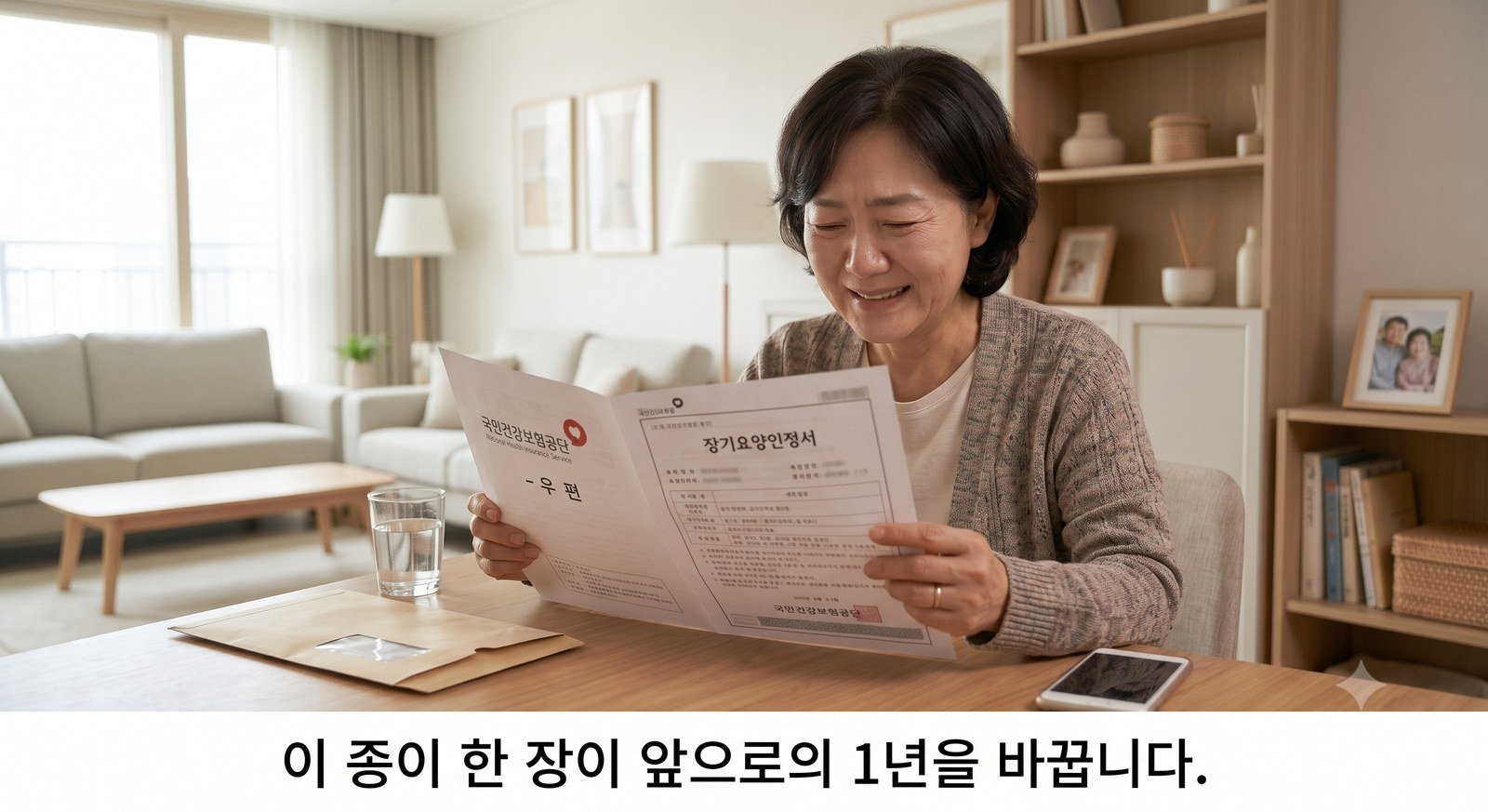 우편으로 받은 장기요양인정서를 펼쳐 보며 안도하는 표정으로 앉아 있는 중년 여성 — 이 종이 한 장이 앞으로의 1년을 바꿉니다