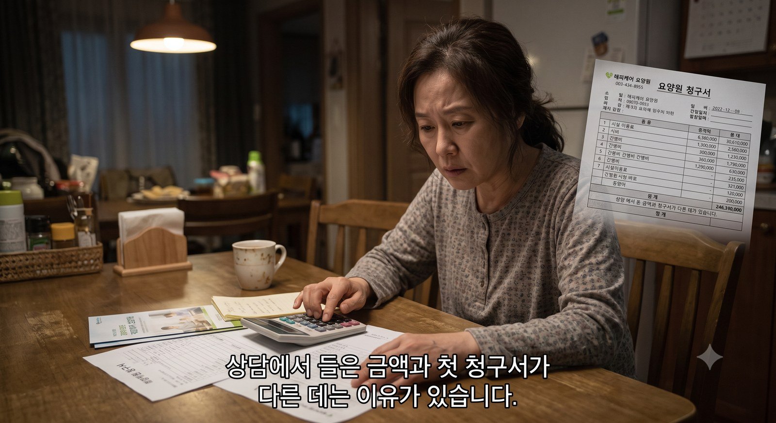 밤 식탁에서 요양원 청구서를 들여다보며 계산기를 두드리는 중년 여성 — 상담에서 들은 금액과 첫 청구서가 다른 데는 이유가 있습니다