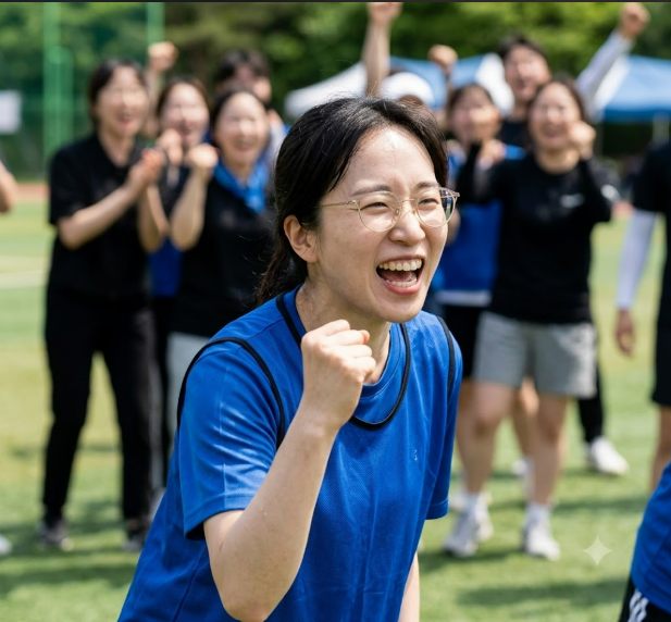 회사 워크숍 팀 대항 운동경기에서 목이 터져라 응원하며 환호하는 여성 팀장
