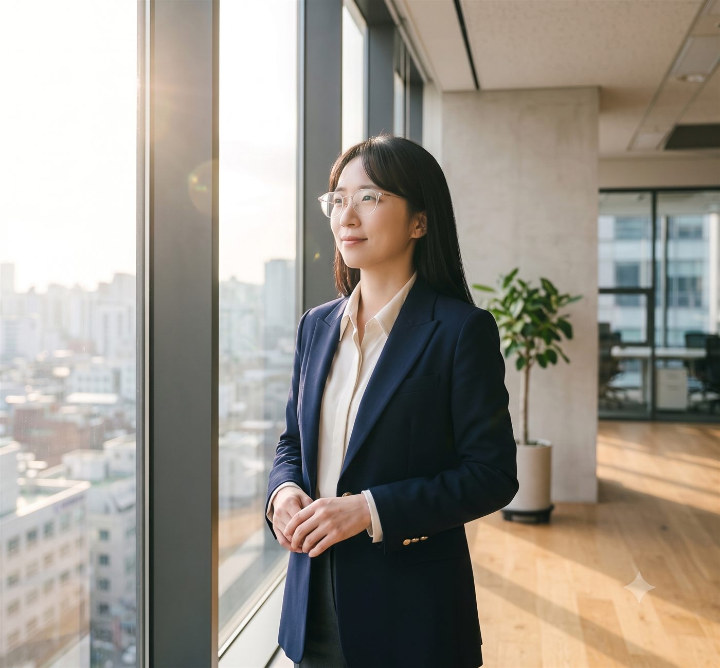 사무실 창가에 홀로 서서 도시를 바라보며 생각에 잠긴 여성 리더