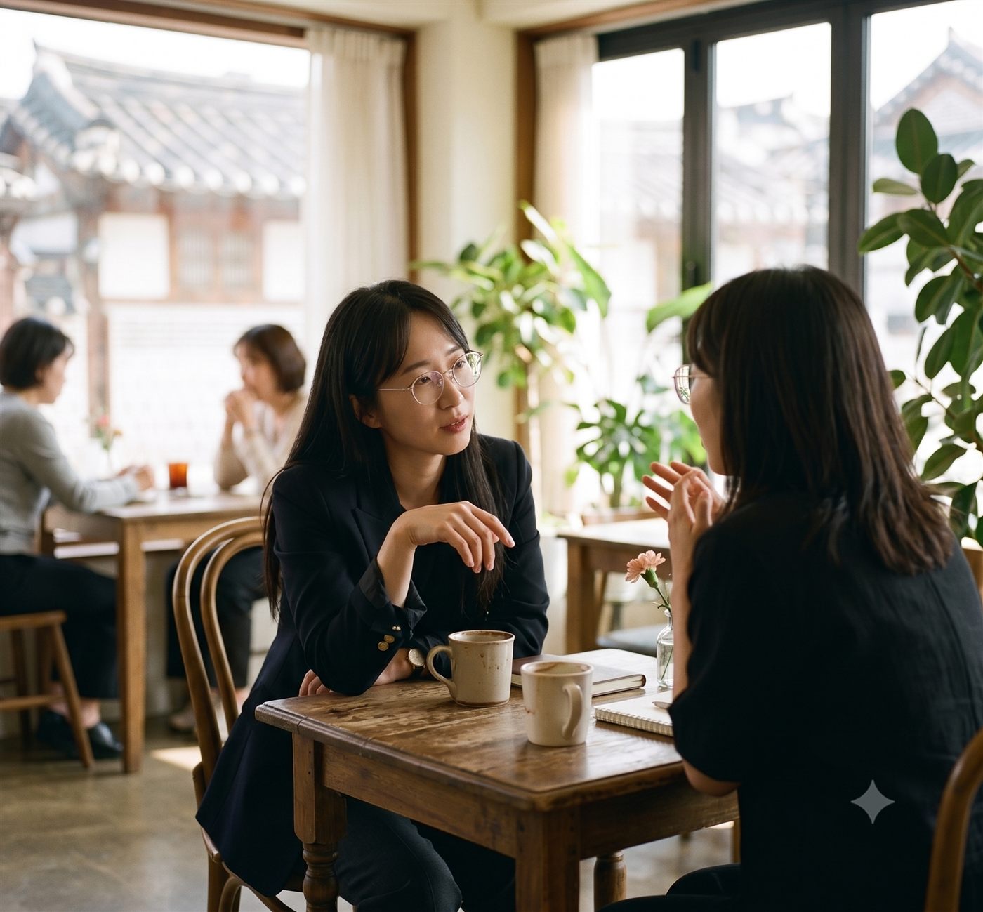 카페에서 팀원과 마주 앉아 일대일로 깊이 대화하는 리더의 1on1 장면