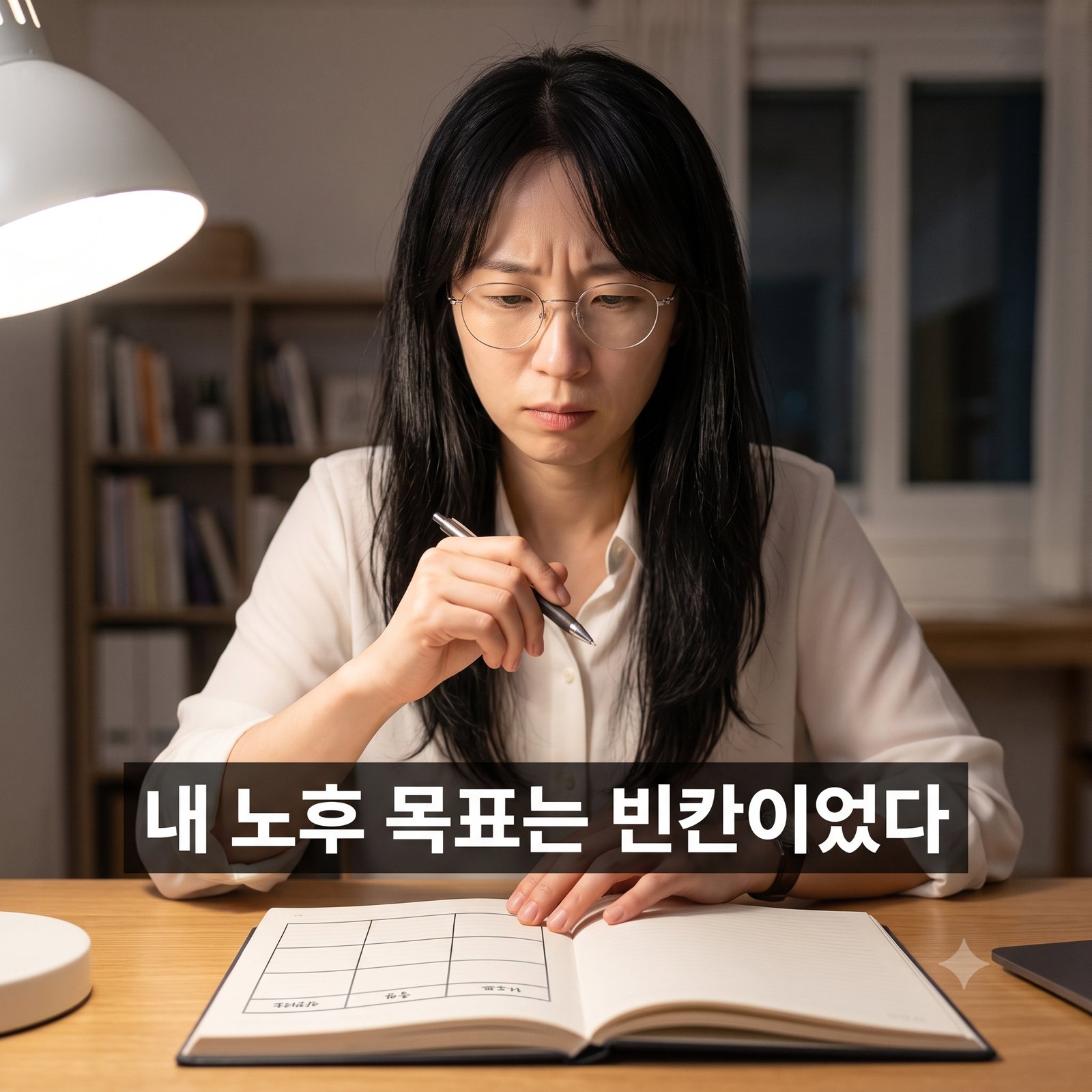 늦은 밤 책상에서 노트에 숫자를 적다 멈춘 40대 한국인 여성