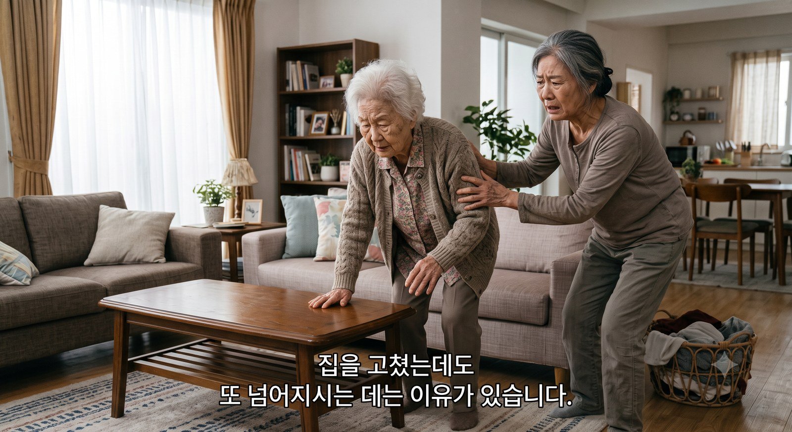 거실에서 일어서다 휘청하며 탁자를 짚는 노인 어머니와 놀라 어깨를 붙잡는 딸 — 집을 고쳤는데도 또 넘어지시는 데는 이유가 있습니다