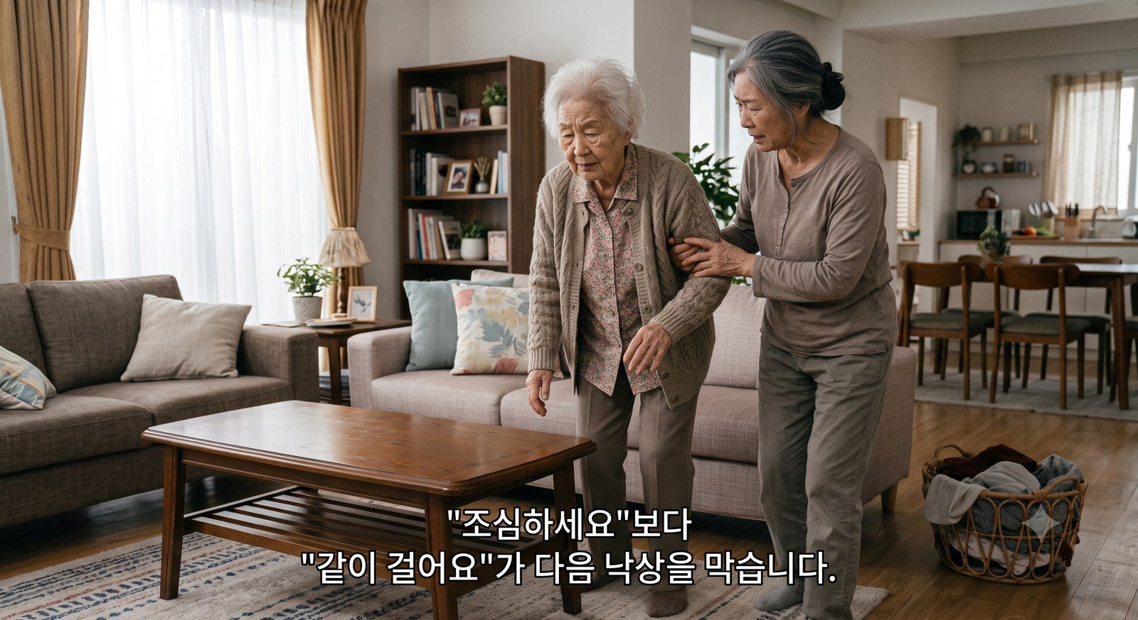 거실에서 어머니의 팔을 받쳐 주며 함께 천천히 걷는 딸 — 조심하세요보다 같이 걸어요가 다음 낙상을 막습니다