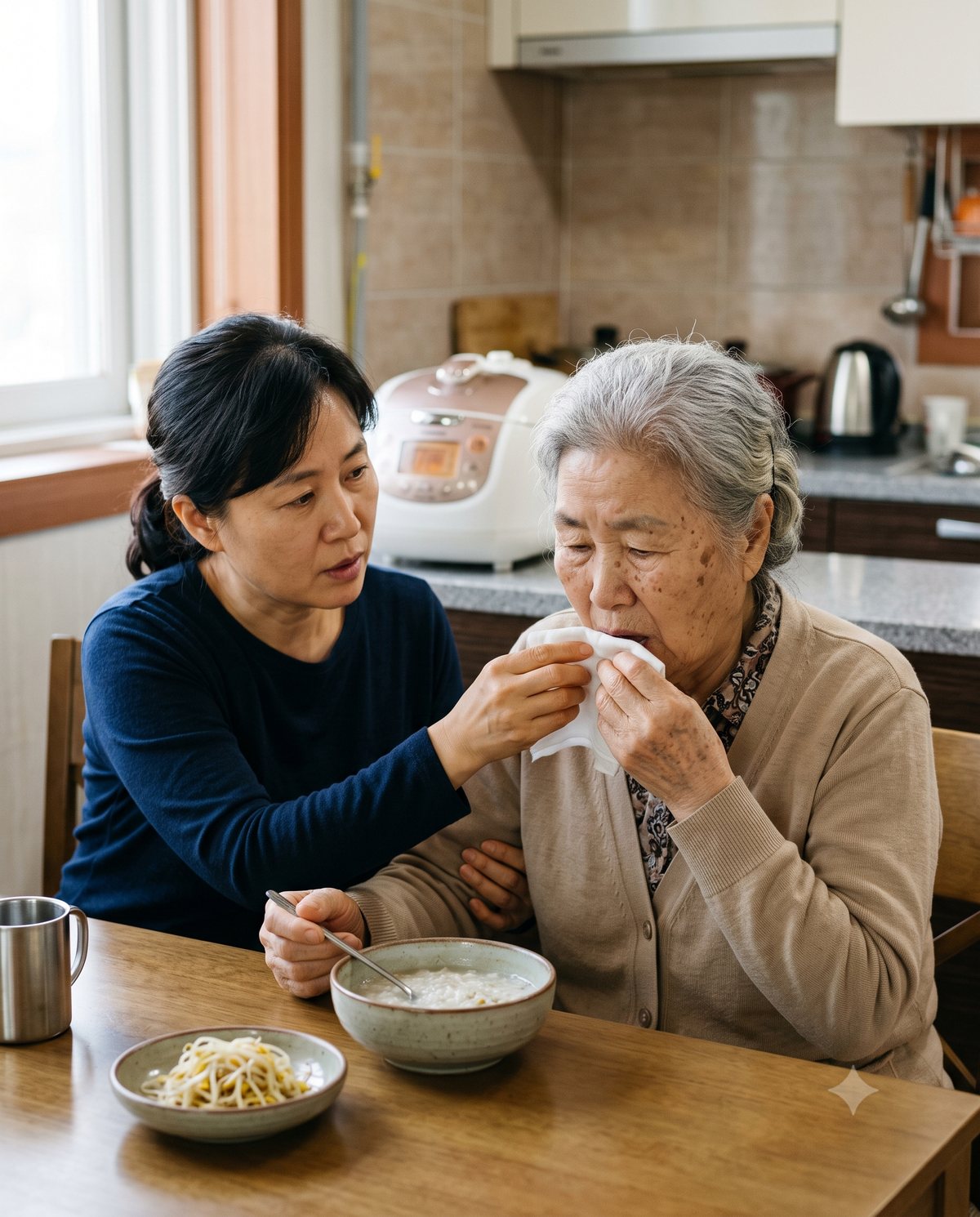 사레가 들린 뒤 휴지로 입을 닦아 드리며 어머니의 상태를 살피는 딸