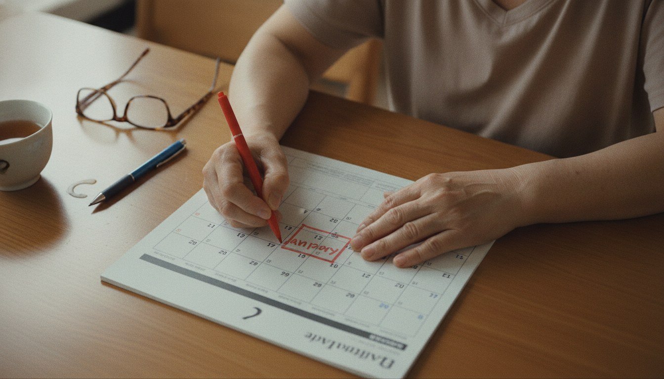 달력에 명절 연휴 기간 방문 일정과 휴무를 미리 표시하는 50대 딸