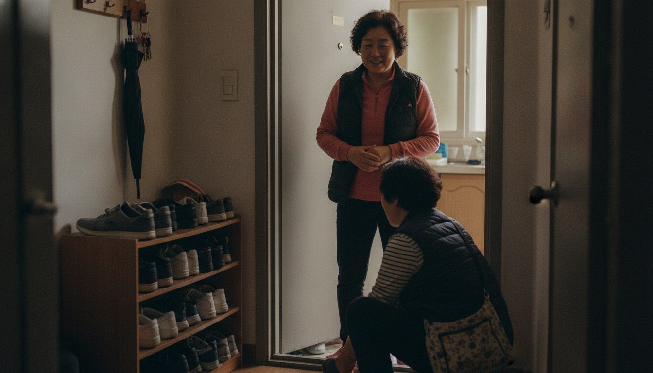 현관에서 요양보호사에게 명절 인사를 건네며 짧게 이야기 나누는 50대 딸