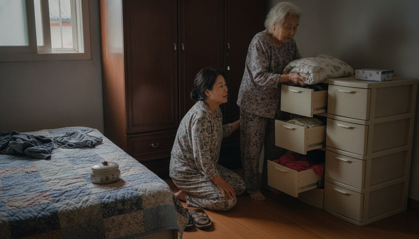 어머니와 함께 옷장과 서랍을 하나씩 열어보며 물건을 찾는 50대 딸