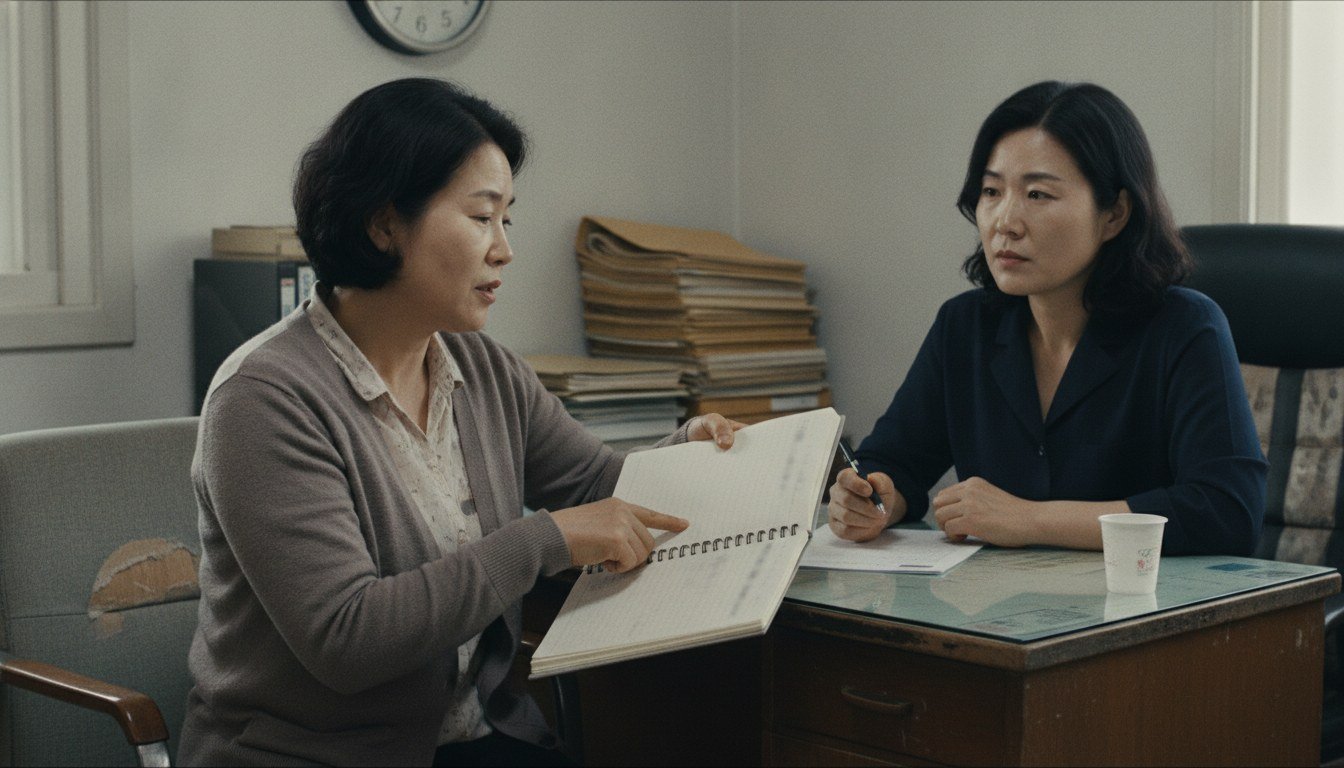 방문요양센터 상담실에서 관리책임자에게 기록한 수첩을 보여주며 차분히 상황을 설명하는 50대 딸