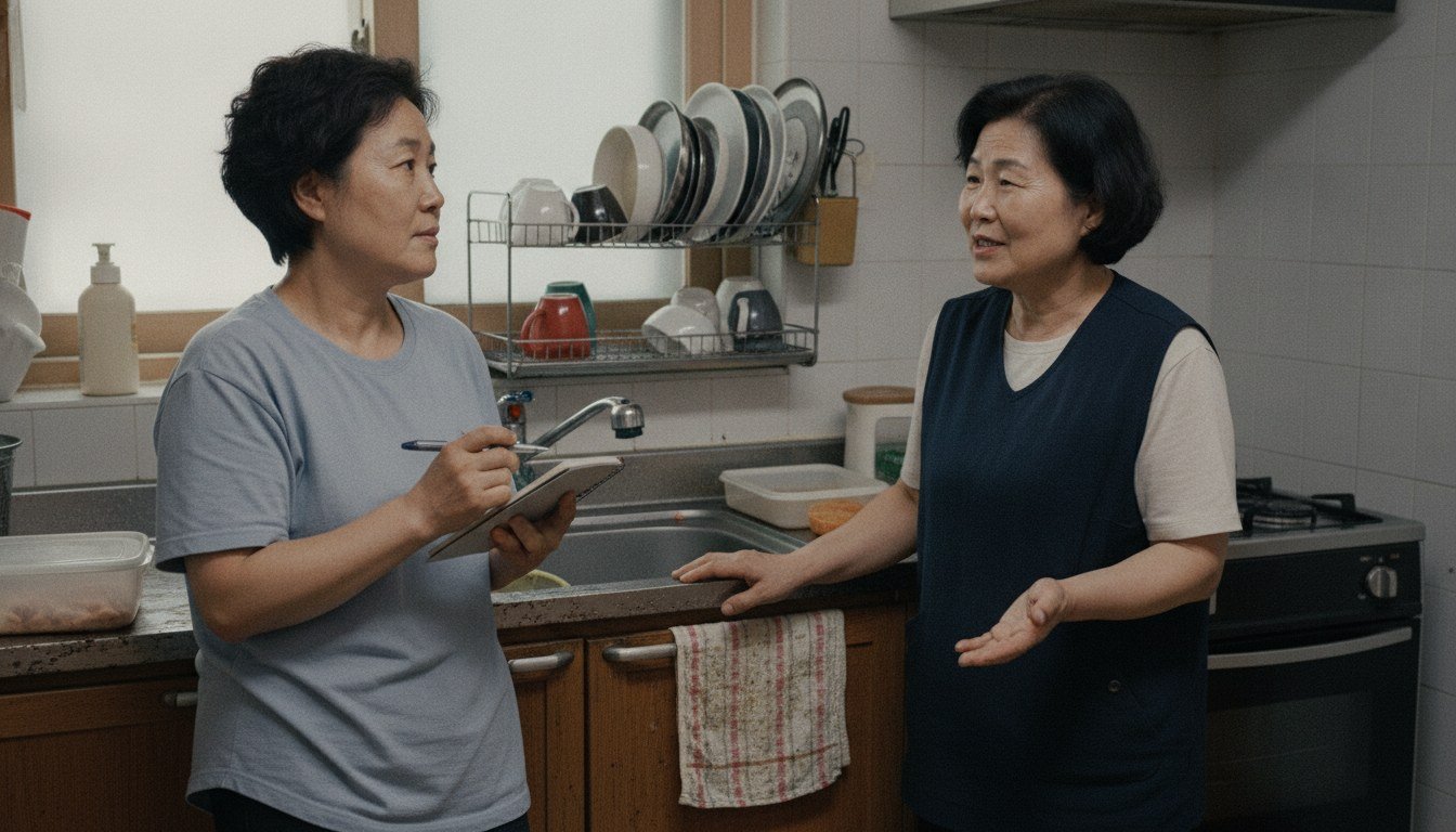 부엌에서 요양보호사와 마주 서서 인수인계 내용을 물어보며 메모하는 50대 딸