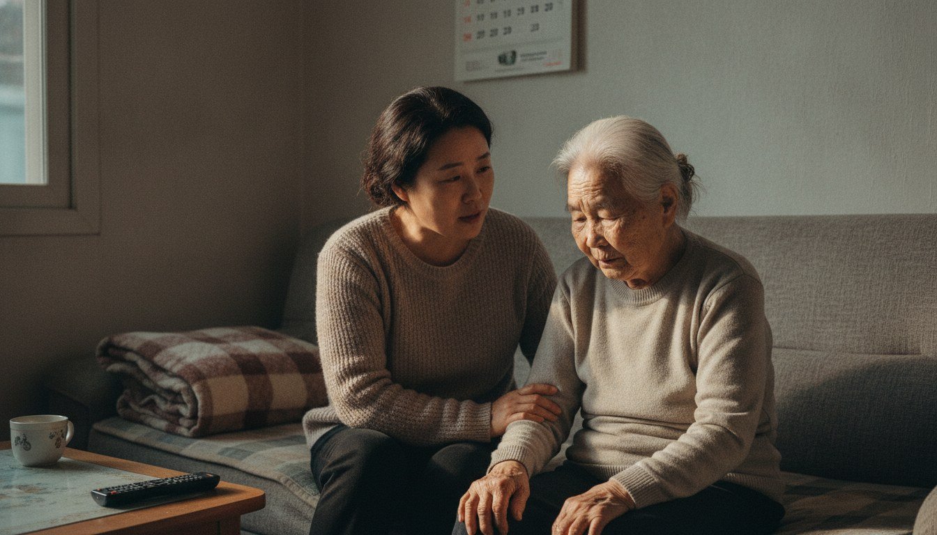 거실에서 어머니 옆에 앉아 다음 주부터 다른 선생님이 오신다고 미리 말씀드리는 50대 딸
