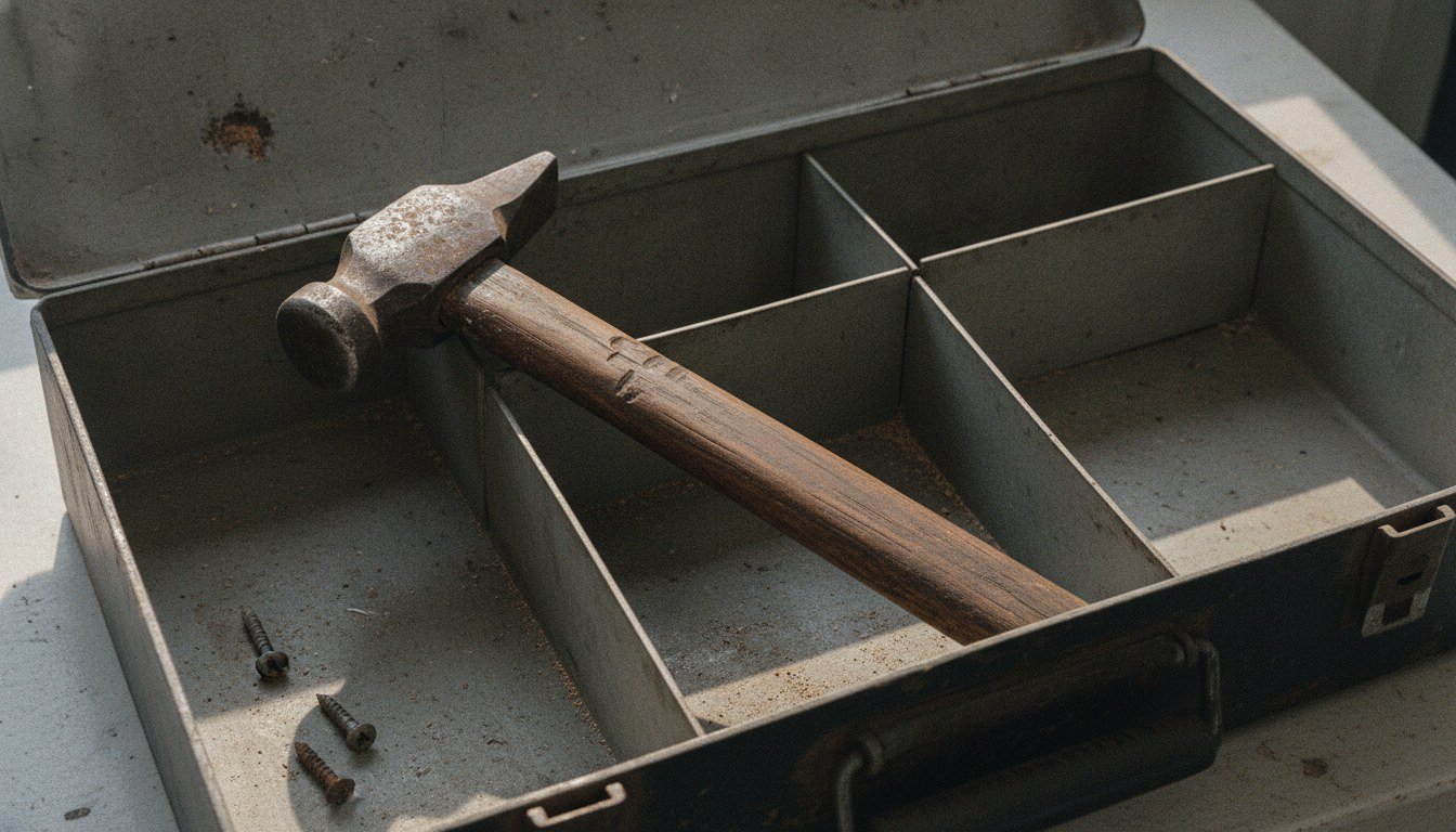 오래 쓴 망치 한 자루만 덩그러니 놓여 있고 나머지 칸은 비어 있는 낡은 공구함