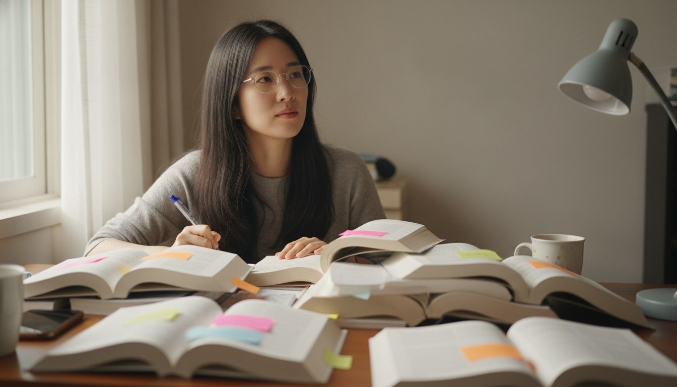 서로 다른 분야의 책이 여러 권 펼쳐진 책상에서 노트에 메모하다 고개를 들어 생각하는 여성