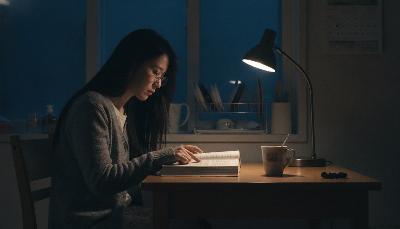 이른 새벽 식탁에서 스탠드 하나 켜놓고 두꺼운 책을 읽는 여성