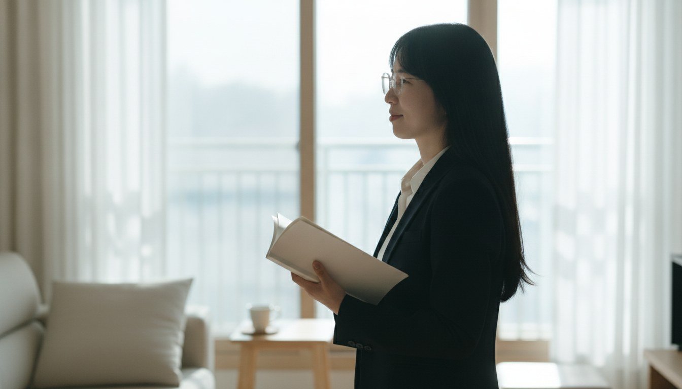 밝은 창가에서 책을 든 채 창밖을 바라보며 서 있는 여성