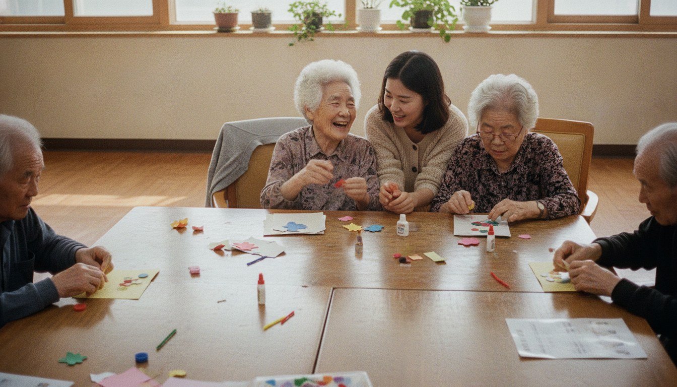 주야간보호센터에서 또래 어르신들과 둘러앉아 프로그램에 참여하며 웃는 80대 어머니