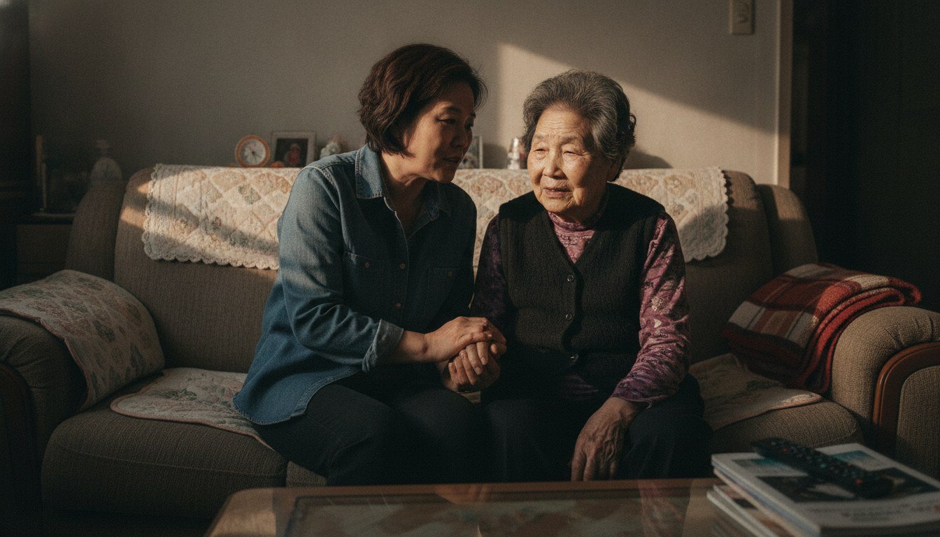 소파에 나란히 앉아 어머니 손을 잡고 조심스럽게 이야기를 꺼내는 50대 딸