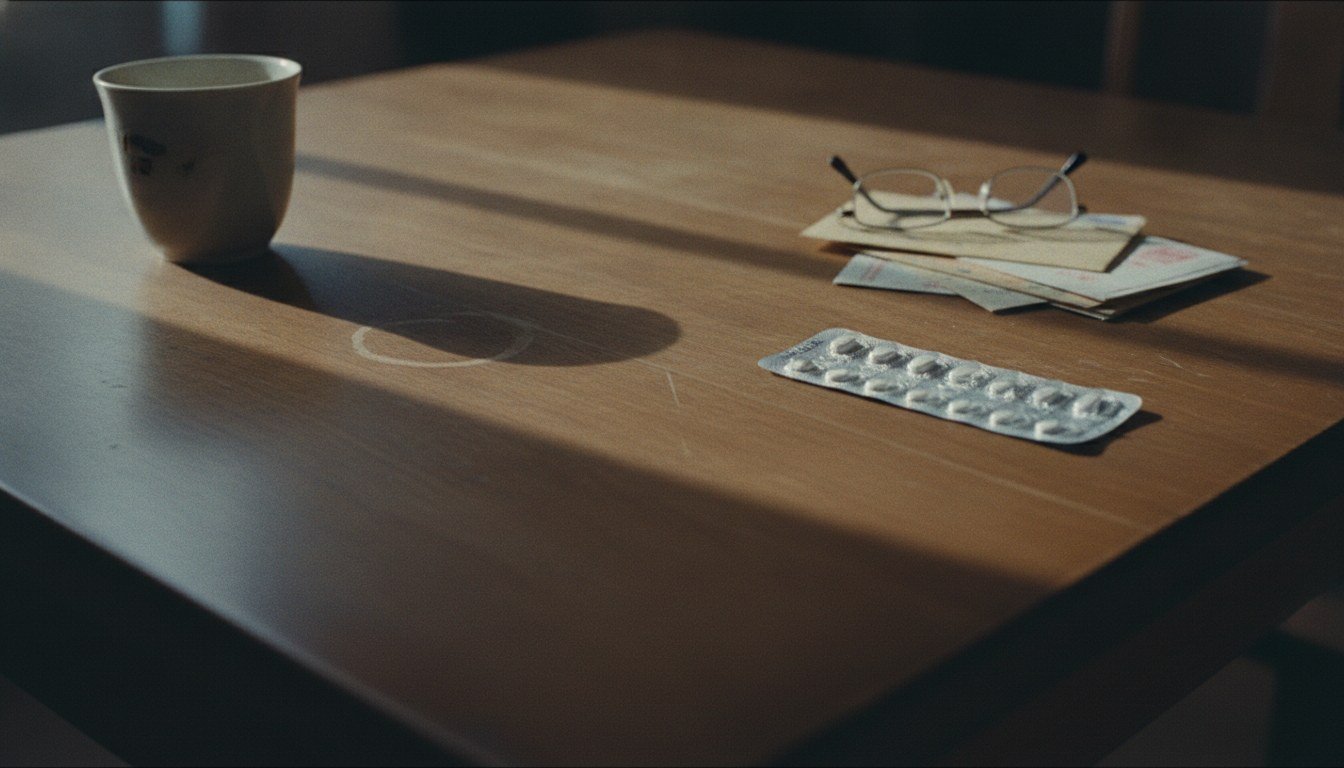 며칠째 그대로 남아 있는 약봉지와 쌓인 우편물이 놓인 식탁