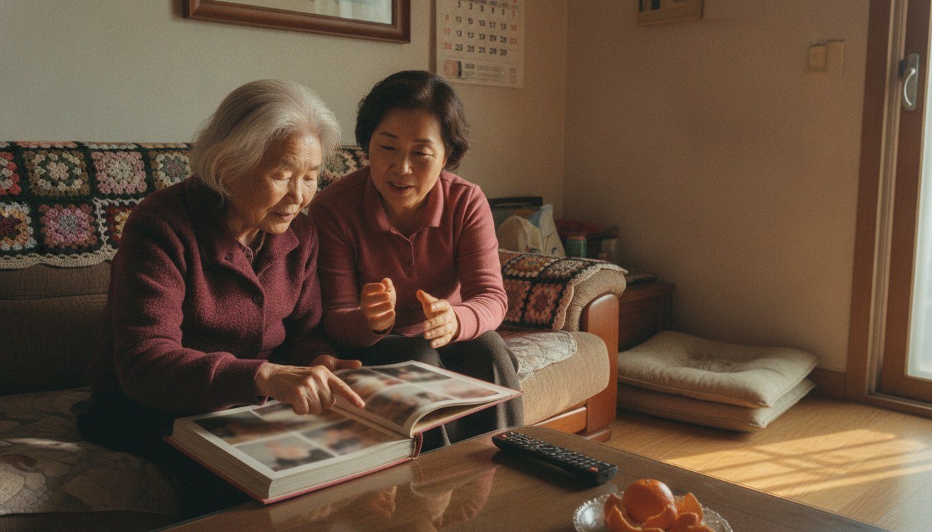 거실 소파에 나란히 앉아 사진첩을 함께 보는 어머니와 딸