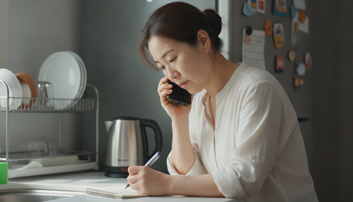 전화로 치매안심센터에 지원 대상 여부를 문의하며 메모하는 보호자