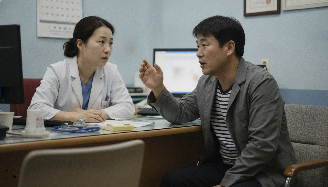 병원 진료실에서 의사에게 부모님 상태와 진단서 발급을 상의하는 성인 자녀