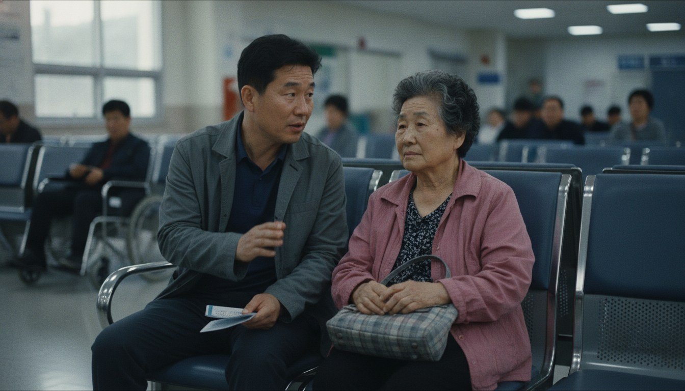 휴가를 내고 낮 시간에 나이 든 어머니와 함께 병원 로비에 앉아 순서를 기다리는 성인 자녀