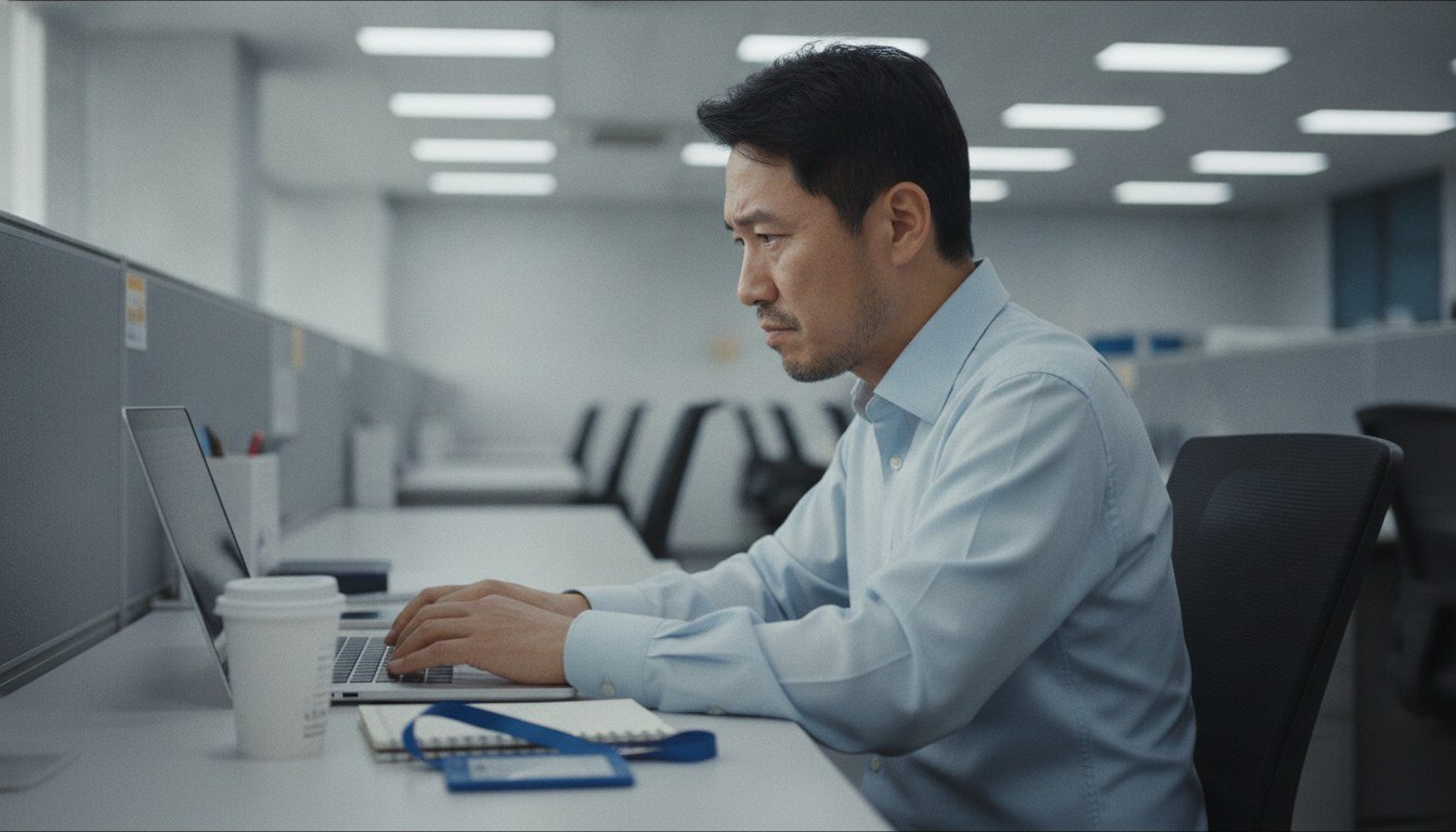 노트북으로 인사팀에 보낼 가족돌봄휴가 신청 메일을 작성하는 직장인