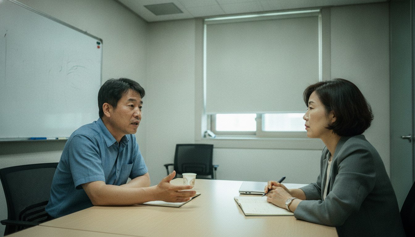 회의실에서 관리자에게 돌봄 사정과 일정을 설명하는 직장인