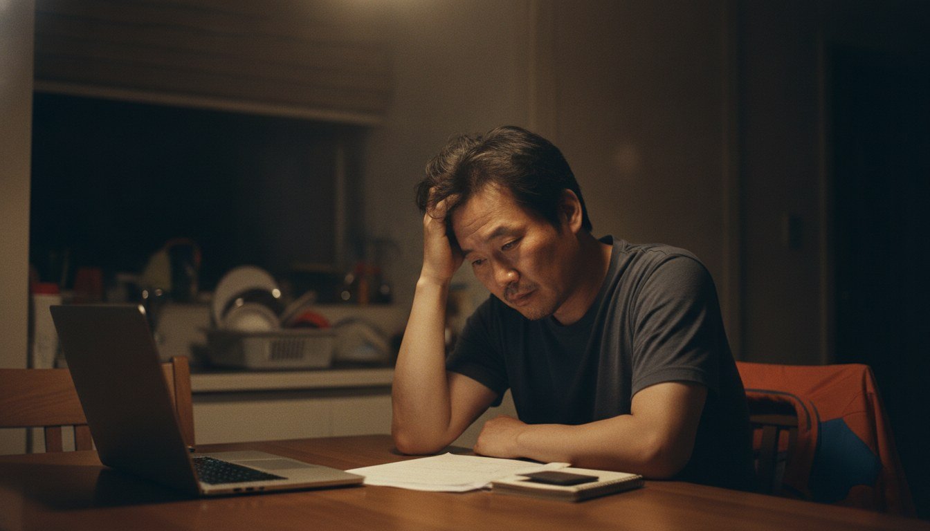 퇴근 후 집에서 가족돌봄휴가 신청 서류와 일정을 정리하는 직장인