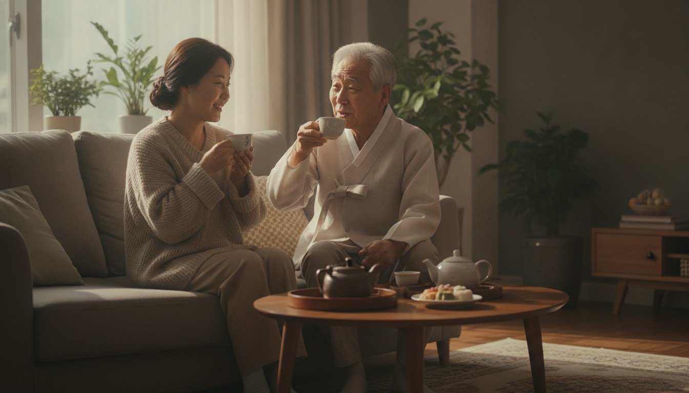 주말 낮 거실에서 나이 든 부모님 옆에 앉아 함께 차를 마시며 편안하게 이야기 나누는 성인 자녀