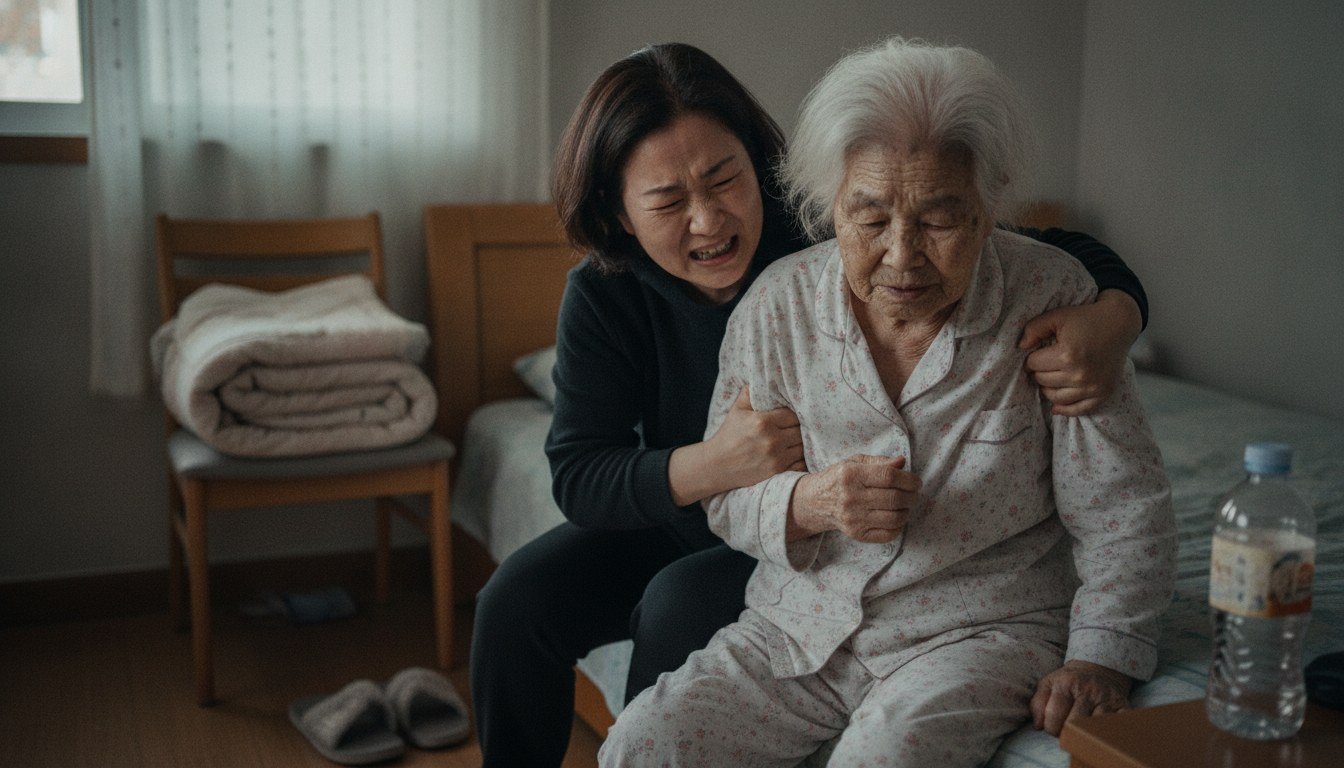 침대에서 일어나시는 80대 어머니를 두 팔로 부축해 일으키는 50대 딸