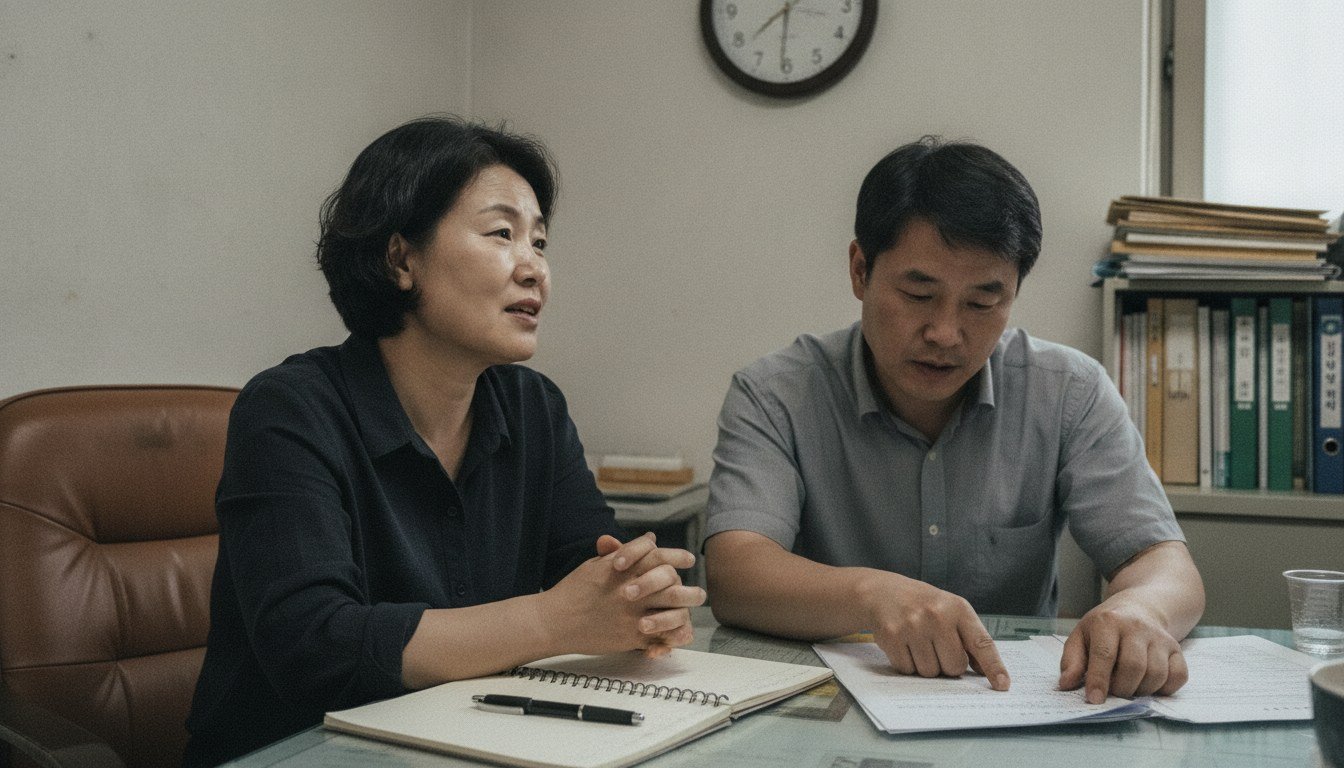 방문요양센터 상담실에서 담당자에게 가족요양 계약 조건을 설명 듣는 50대 딸